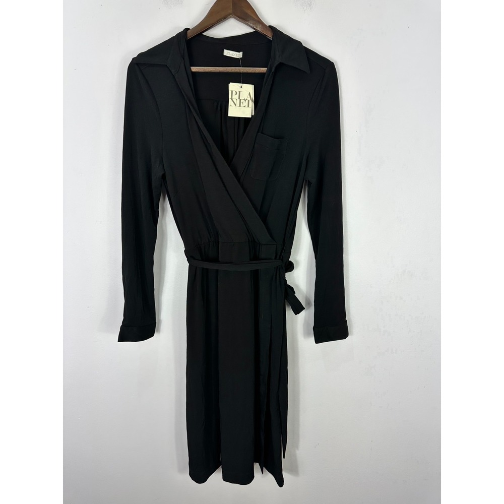 Planet Black Wrap Shirt Dress Sz 12 Belted Quiet Luxury Career Minimalist Career